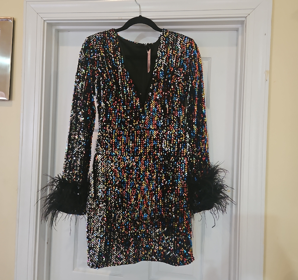 Vibrant Sequin Mini Dress with Feather Accents
